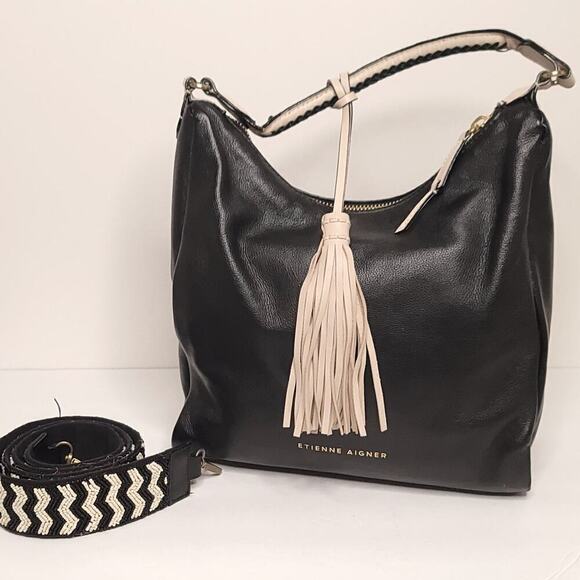 Etienne Aigner Ava Leather Hobo In Black +Anthropologie Chevron Beaded Bag Strap - Picture 1 of 12